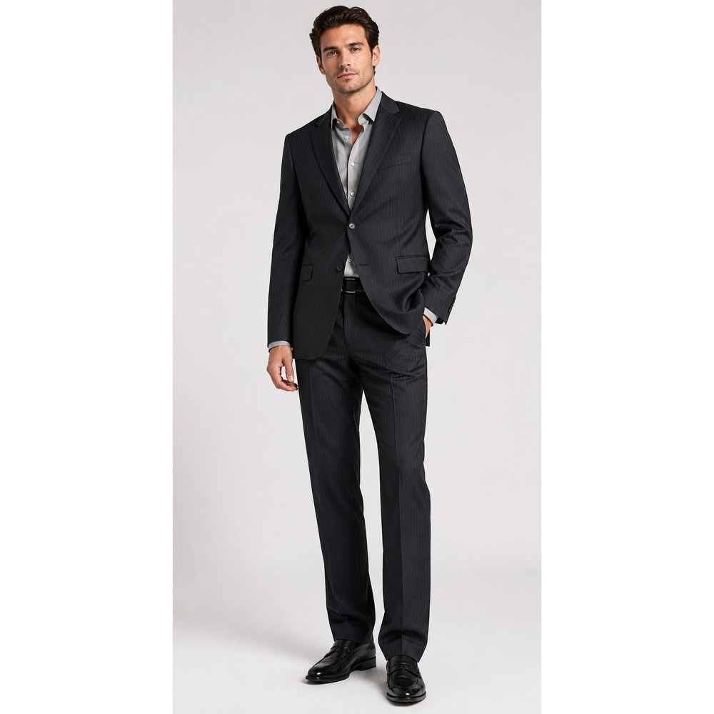 Hart Schaffner Marx Suit 42L Gray‎ Blue Pinstripe Two Button Cuffed 33x32